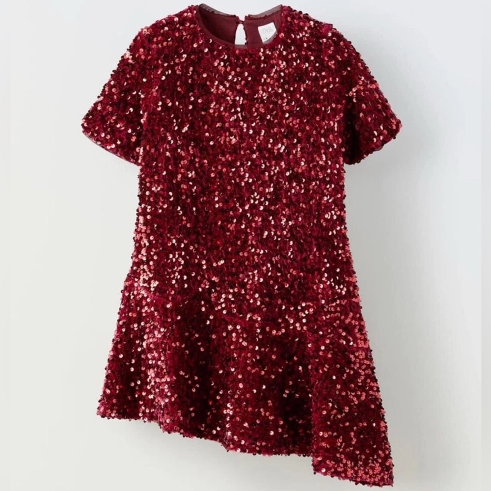 Zara Girls’ All-over Sequin Asymmetrical Burgundy Dress